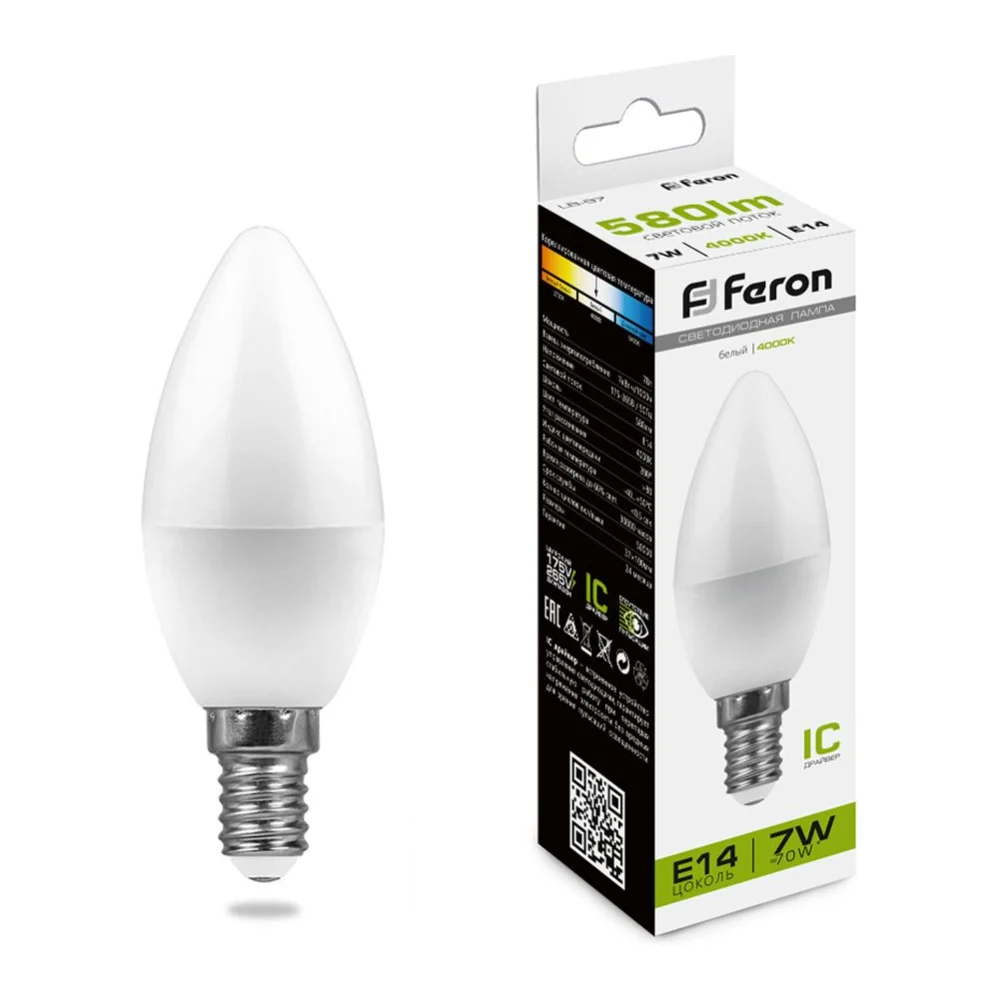 Светодиодная лампа FERON LB-97 Свеча E14 7W 4000K 25476
