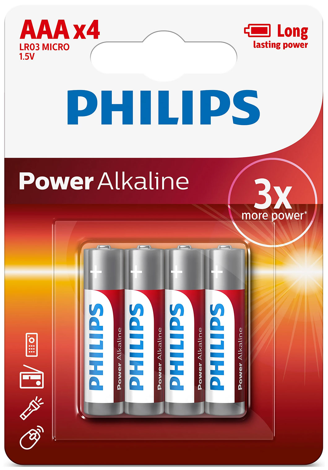 Батарейка Philips Power Alkaline, щелочная, 4ААА, в блистере (LR03P4B/97)