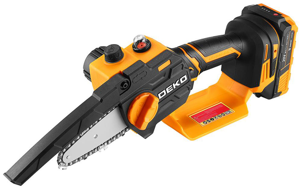 Пила цепная аккумуляторная Deko DKCHS 20-4, 20 В, 1x2.0 Ач, черно-желтый