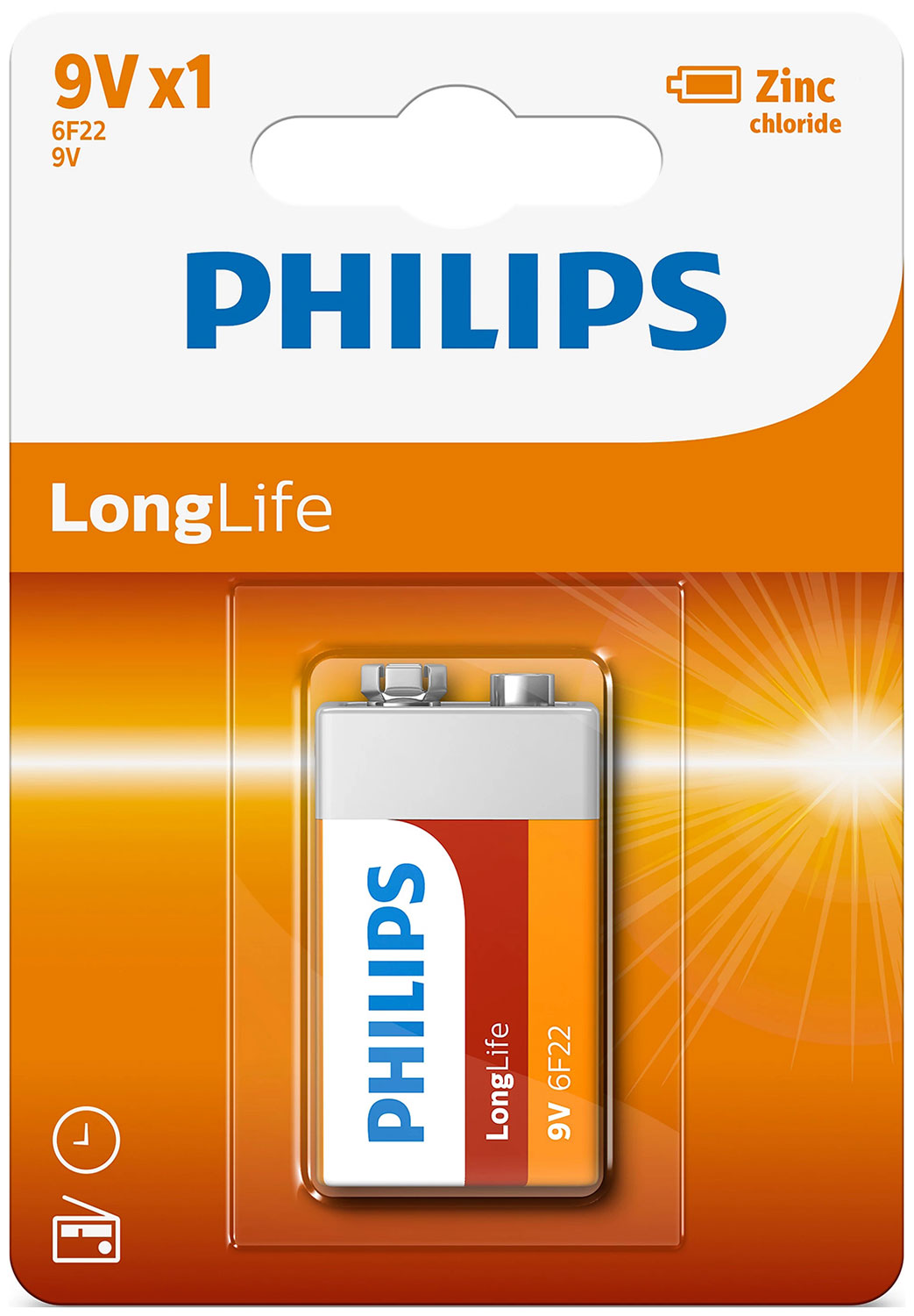Батарейка цинково-хлоридная Philips Longlife, 9V, в блистере (6F22L1B/97)