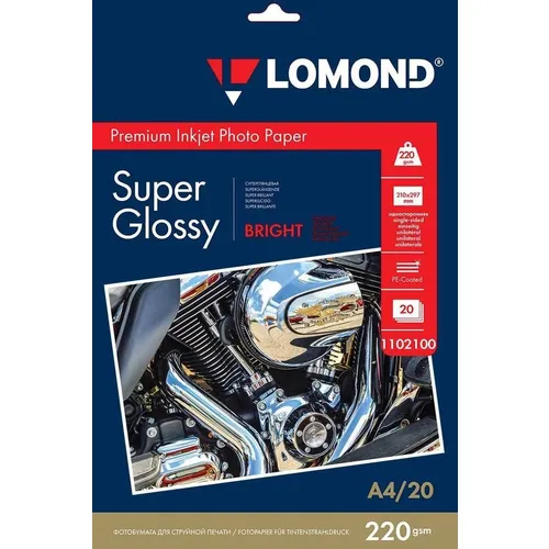 Фотобумага Lomond A4, для струйной печати, 20л, 220г/м2, белый, покрытие супер глянец [1102100]