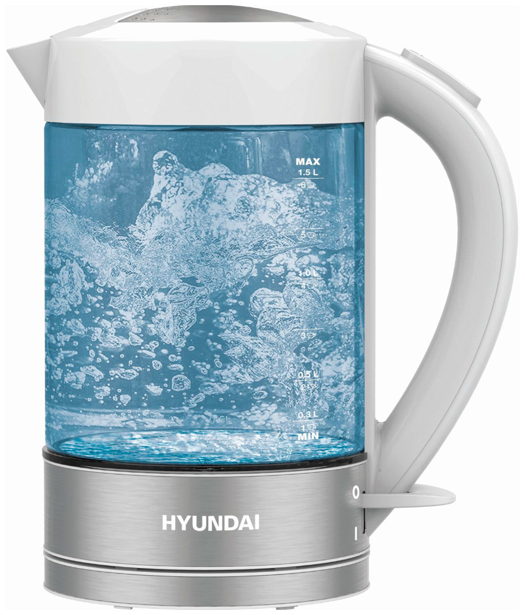 Чайник электрический Hyundai HYK-G9990, 1.5л., 2000Вт, белый/серебристый (стекло)