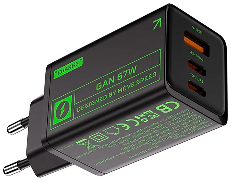 Сетевое зарядное устройство Movespeed 2xType-C + 1xUSB-A, 67W, PD2.0, QC3.0 (ac67-black) EU