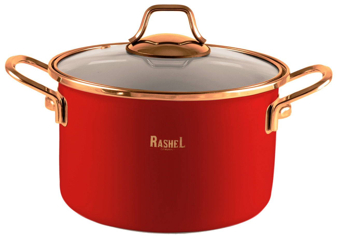 Кастрюля Rashel Gold, R-05516, 2.1 л, эмалированная, со стеклянной крышкой, красный
