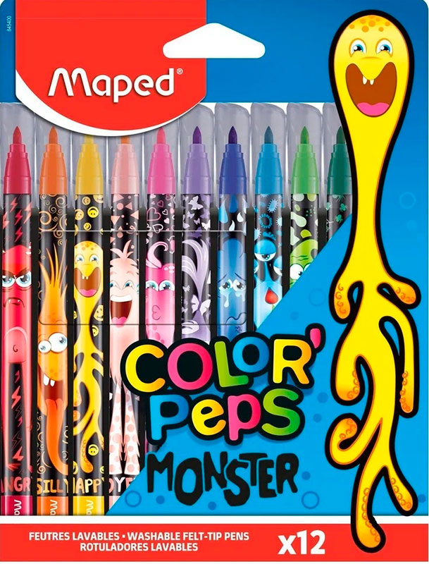 Фломастеры Maped COLOR PEPS Monster, 12 цветов, смываемые, вентилируемый колпачок, (845400)