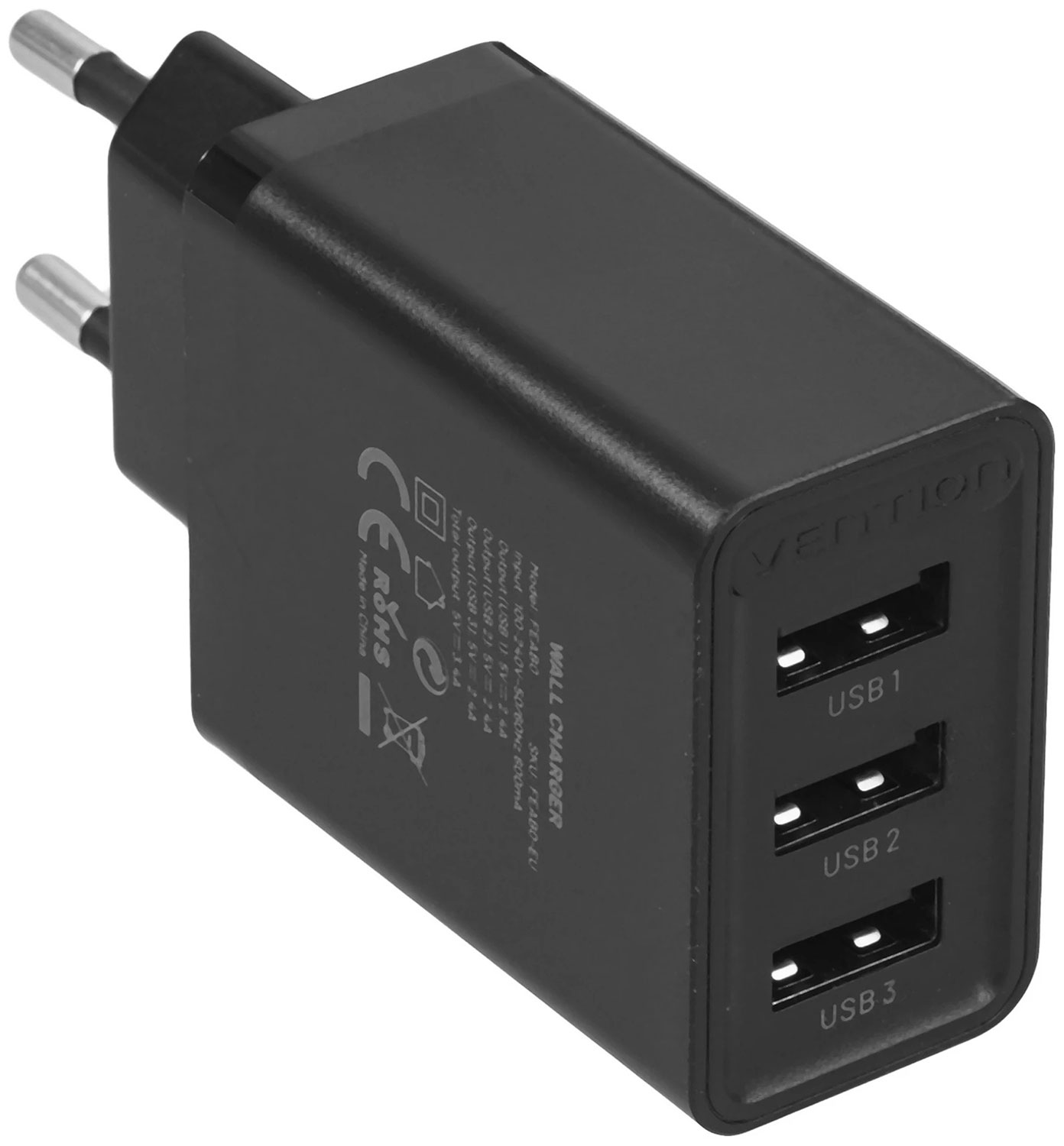 Сетевое зарядное устройство Vention на 3 порта USB 2.4A, черный (FEAB0-EU)