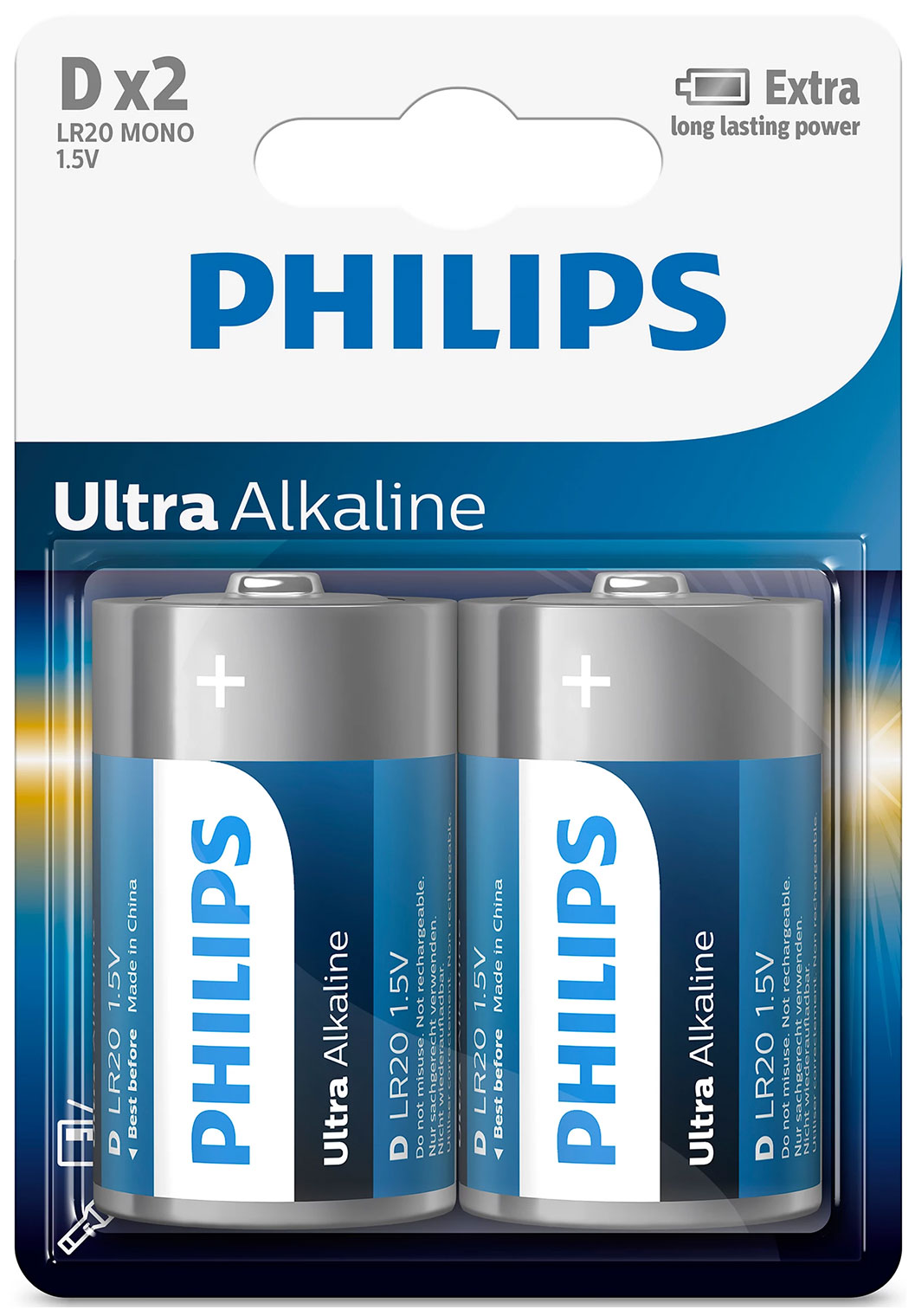 Батарейка Philips Ultra Alkaline, щелочная, 2D, в блистере (LR20E2B/97)