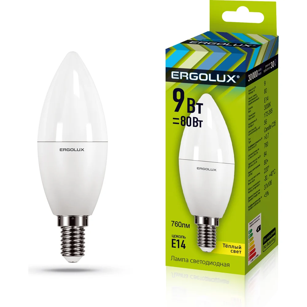 Электрическая светодиодная лампа Ergolux LED-C35-9W-E14-3K Свеча 13167