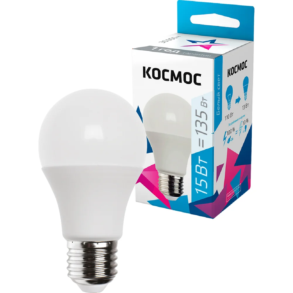 Светодиодная лампа КОСМОС LED Экономик A60 15Вт 220В E27 4500К LkecLED15wA60E2745 452434