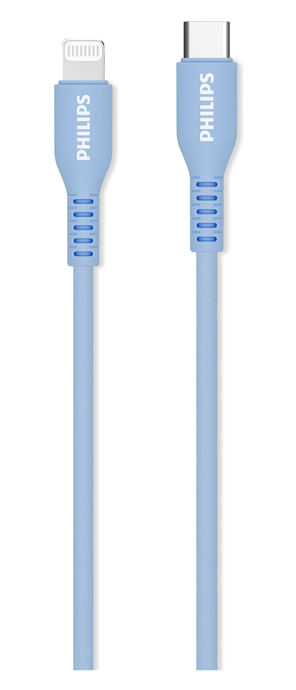 Кабель Philips MFI, USB C - Lightning, 18W, 1.2 м, силиконовый, голубой (DLC8631V/74)