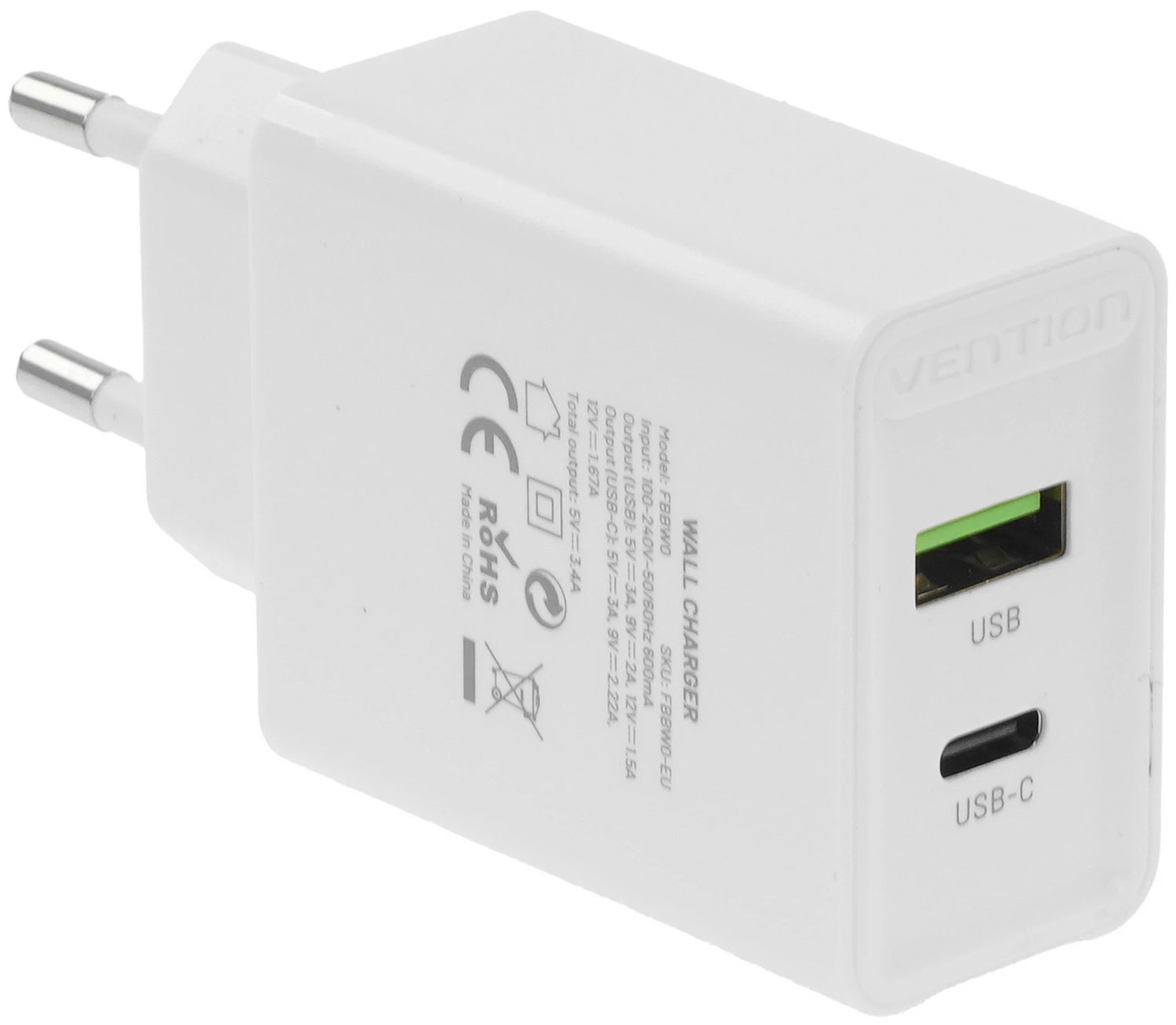 Сетевое зарядное устройство Vention на 2 порта USB A+C, QC 4.0, белый (FBBW0-EU)