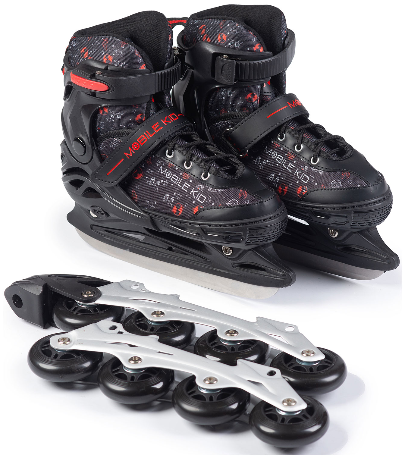 Коньки-ролики Mobile Kid (2 в 1) UNI SKATE, размер M, черно-красные