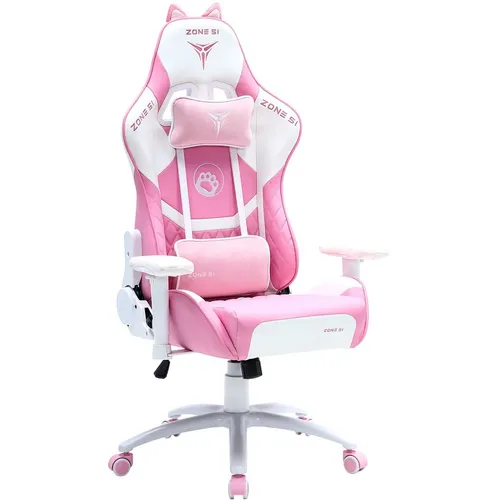 Кресло игровое ZONE 51 KITTY, экокожа/замшевая ткань, до 150кг, топ-ган, регулируемые 2D подлокотники, белый и розовый
