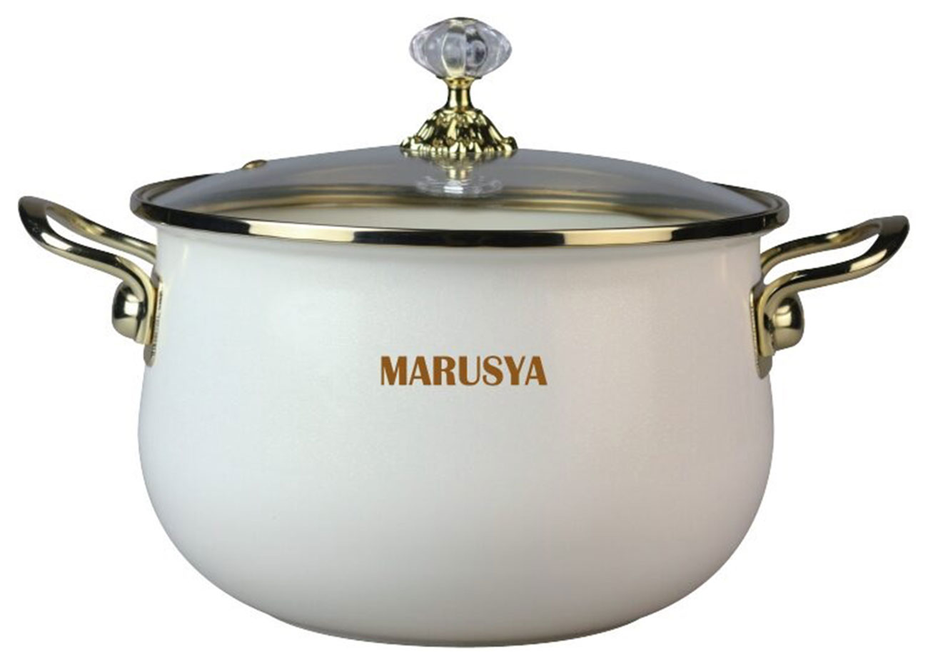 Кастрюля Marusya R-77724 5 л, эмалированная, стеклянная крышка, ручка золото, кремовый перламутр