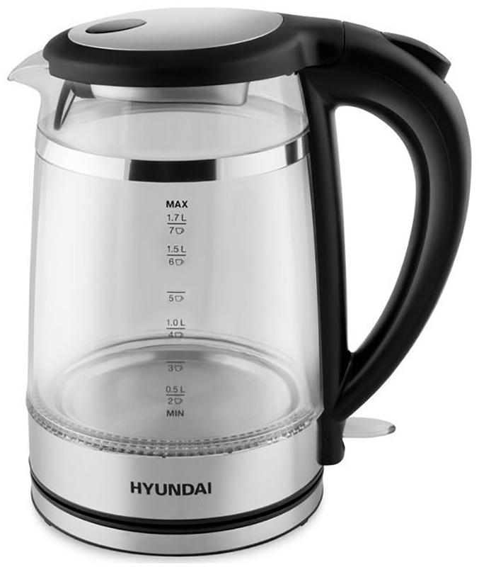 Чайник электрический Hyundai (HYK-G3036) 1.7л, 2200 Вт, черный/прозрачный, стекло/пластик
