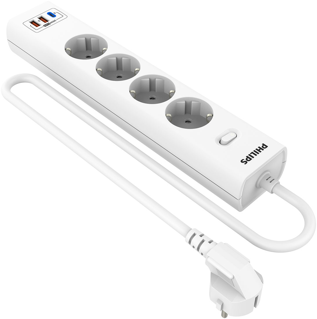 Сетевой фильтр Philips 4 Розетки с USB (PD/QC3.0 5/9/12 В), 30 Вт, кабель - 2 м, белый
