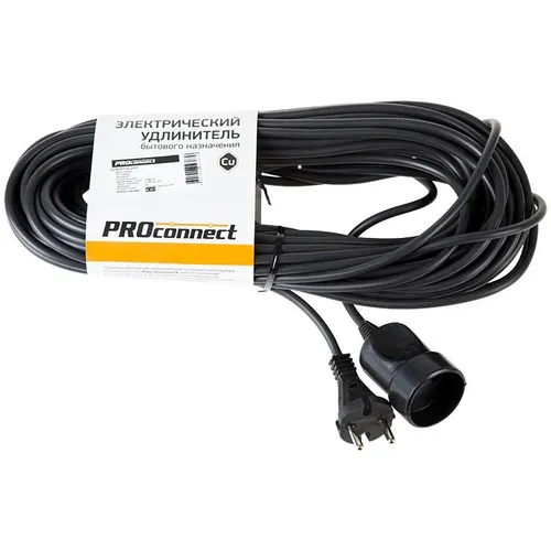 Удлинитель силовой PROCONNECT PROc-Uc, розеток 1шт, 2x0.75 кв.мм, 6A, 20м, ПВС, без катушки, черный [11-7115]