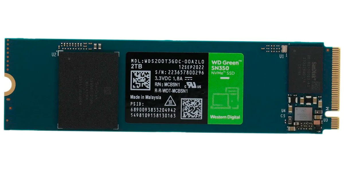 SSD накопитель Western Digital M.2 Green SN350 2000 Гб PCIe QLC (WDS200T3G0C)