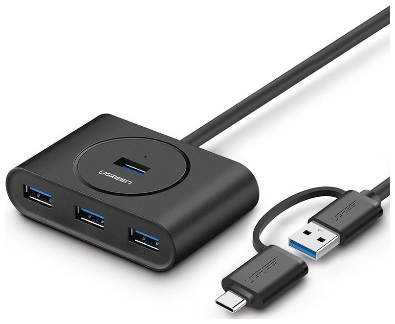 USB-разветвитель Ugreen USB-A - с переходником USB-C USB 3.0, 1 м, черный (40850)