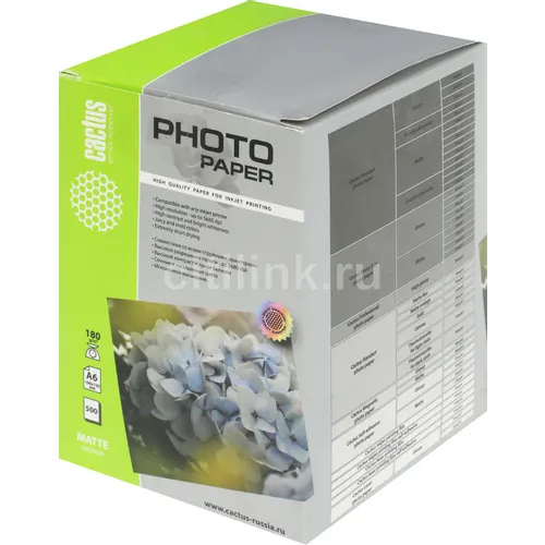 Фотобумага Cactus CS-MA6180500, A6, для струйной печати, 500л, 180г/м2, белый, покрытие матовое