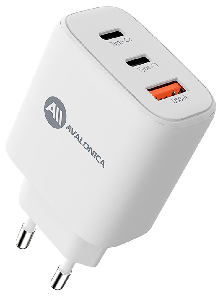 Сетевое зарядное устройство Avalonica AVA GaN, 2 х Type-C + 1 х USB-A, 65 Вт, QC 3.0, PD 3.0, AFC FCP, 3 A (AVA-WCH-010 White), белое