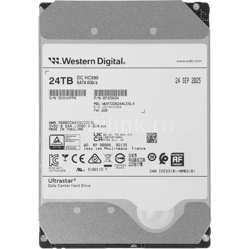 Жесткий диск WD Ultrastar DC HC590 WUH722624ALE6L4, 24ТБ, HDD, SATA III, 3.5" [0f65684]