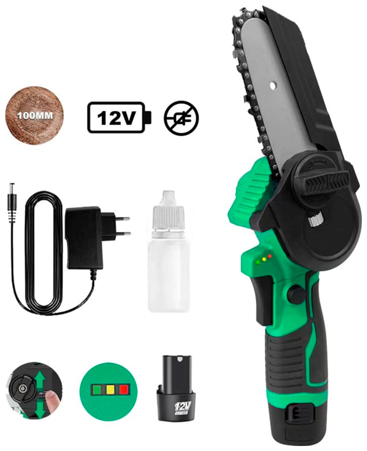 Пила цепная аккумуляторная Zitrek GreenSaw 12 (12В, 15Ач Li-ion аккум. 2шт, ЗУ) зеленый