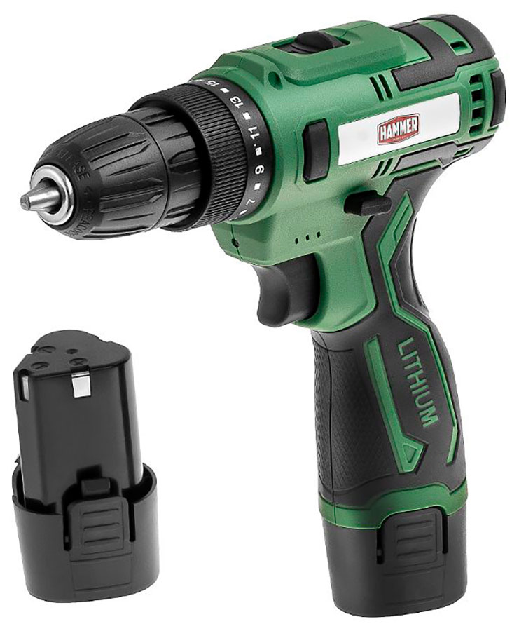Дрель-шуруповерт аккумуляторная Hammer ACD12/2С, 12 В, 2x1.5 Ач, LiION, 10 мм, 0-350/0-1350 об/мин, 26 Нм, кейс