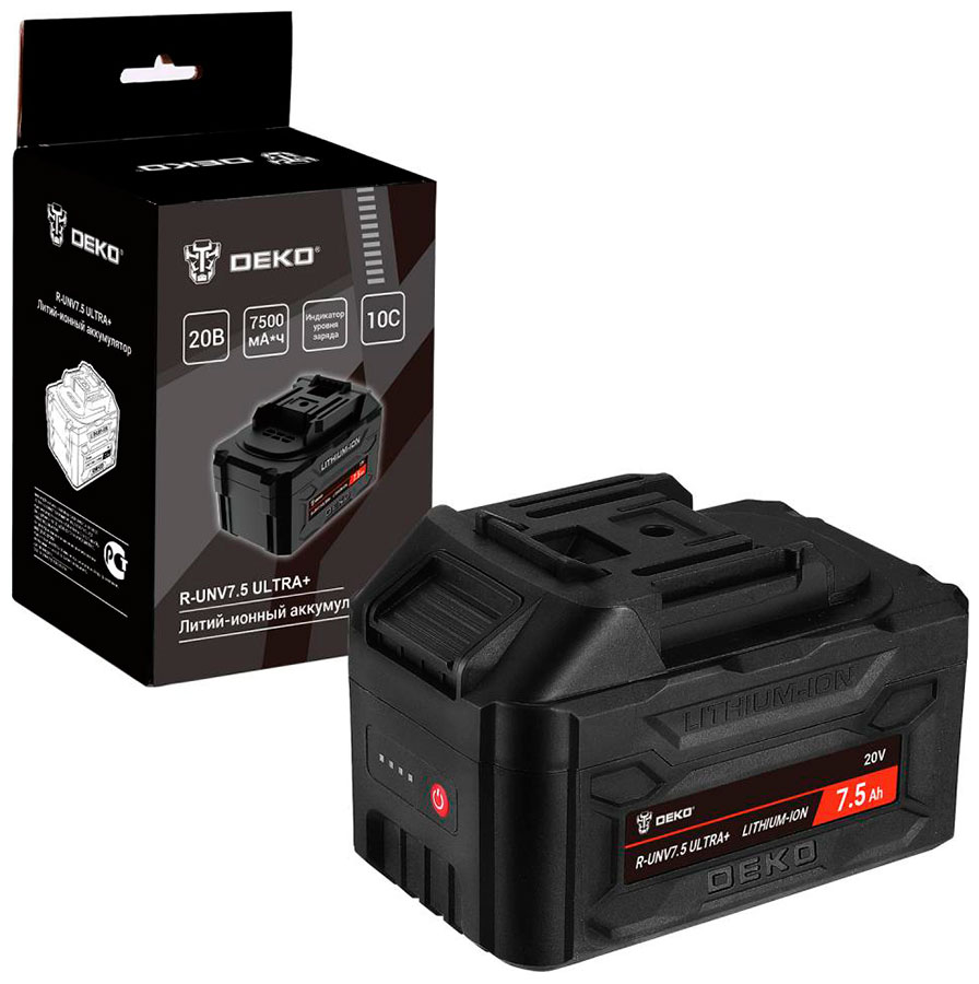 Аккумулятор Deko R-UNV7.5 ULTRA+, Li-ion, 20В, 7.5А*ч, с повышенной токоотдачей, черный