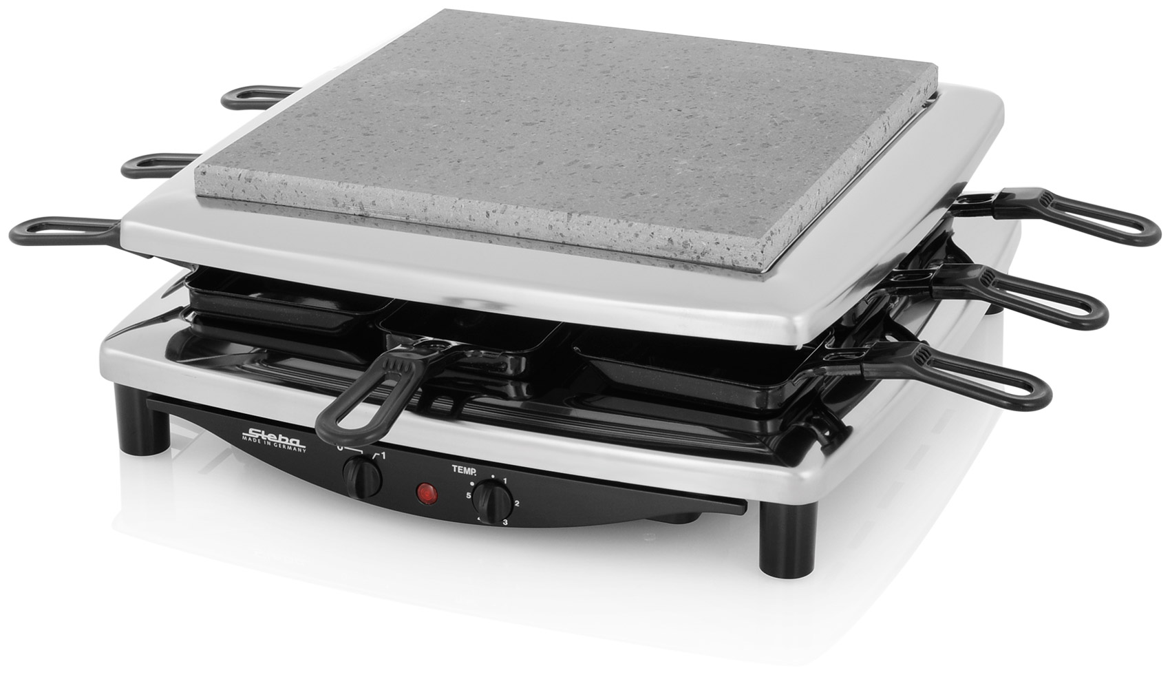 Раклетница Steba RC 3 plus chrom, мощность 1450 Вт, 8 сковородок