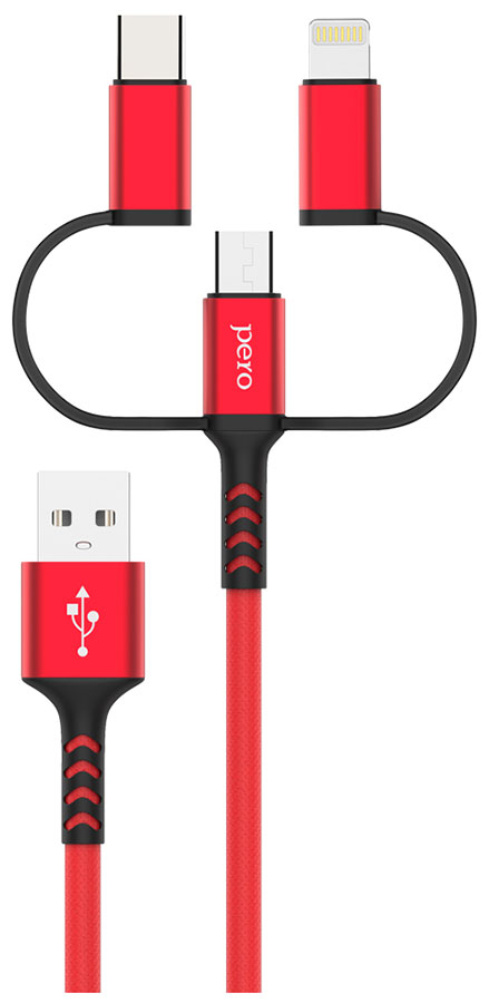 Дата-кабель Pero DC-06 Universal 3 in 1 Lightning/micro USB/Type-C 2А 2м красный
