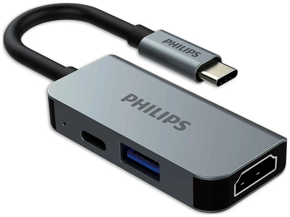 Хаб Philips USB С - HDMI+USB A+USB C PD, 3 в 1, длина кабеля 10см