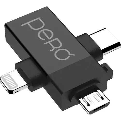 Адаптер PERO AD14, Lightning (m)/USB Type-C (m)/micro USB (m) - USB (f), 0.037м, черный