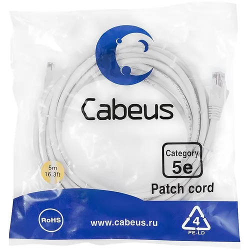 Патч-корд CABEUS PC-UTP-RJ45-Cat.5e-5m-WH, вилка RJ-45, вилка RJ-45, кат.5E, ПВХ, 5м, белый