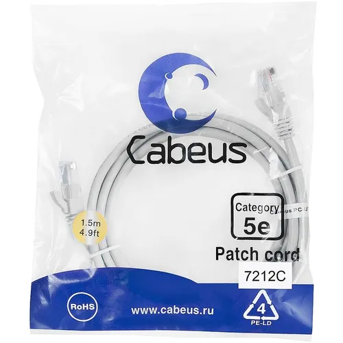 Патч-корд CABEUS вилка RJ-45, вилка RJ-45, кат.5E, ПВХ, 1.5м, серый [pc-utp-rj45-cat.5e-1.5m]