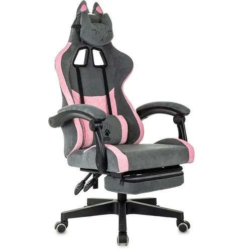 Кресло игровое KNIGHT Kitty/F, ткань, до 120кг, механизм наклона спинки, шарнирные подлокотники, серый/розовый