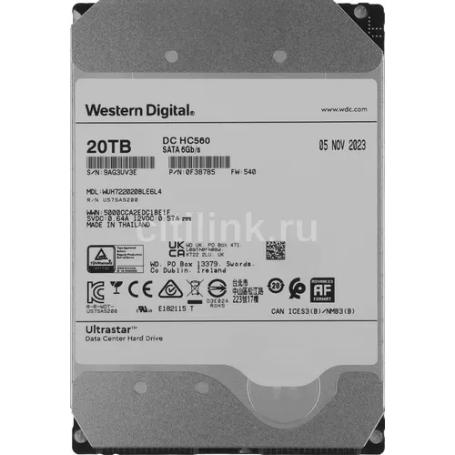 Жесткий диск WD Ultrastar DC HC560 WUH722020BLE6L4, 20ТБ, HDD, SATA III, 3.5" [0f38785/0f38643]