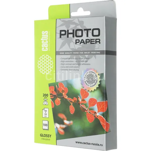 Фотобумага Cactus CS-GA6200100, A6, для струйной печати, 100л, 200г/м2, белый, покрытие глянцевое