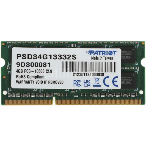 Оперативная память Patriot PSD34G13332S DDR3 - 1x 4ГБ 1333МГц, для ноутбуков (SO-DIMM), Ret