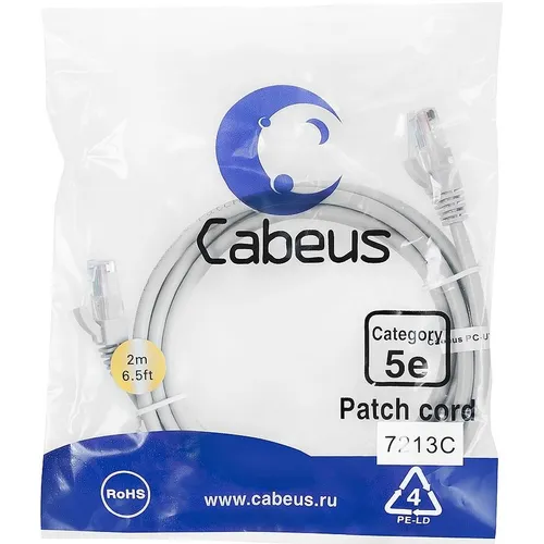 Патч-корд CABEUS вилка RJ-45, вилка RJ-45, кат.5E, ПВХ, 2м, серый [pc-utp-rj45-cat.5e-2m]