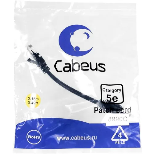 Патч-корд CABEUS вилка RJ-45, вилка RJ-45, кат.5E, ПВХ, 0.15м, черный [pc-utp-rj45-cat.5e-0.15m-bk]