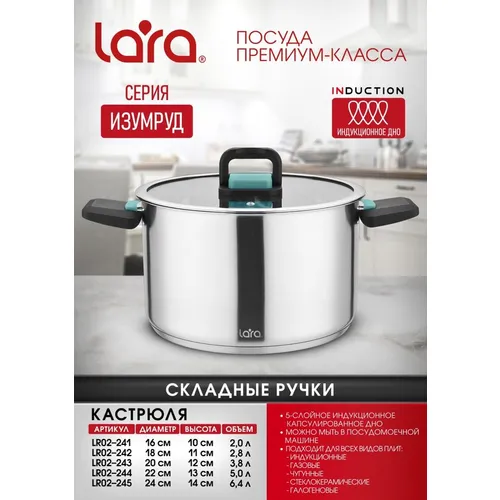 Кастрюля 2.8л LARA Изумруд LR02-242, нержавеющая сталь, с крышкой