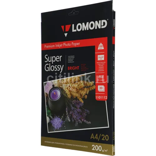 Фотобумага Lomond A4, для струйной печати, 20л, 200г/м2, белый, покрытие высокоглянцевое [1101112]