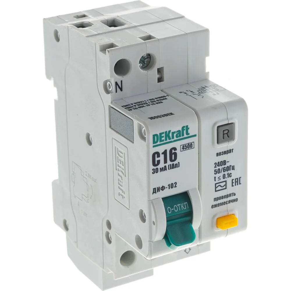 Дифференциальный автомат DEKraft ДИФ-102 1п+N 16A 30мА 4.5кА AC 2мод. 16003DEK 121970