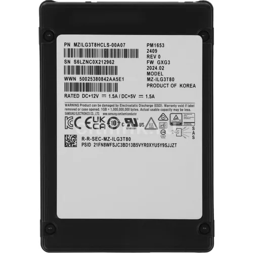 3.8ТБ Серверный SSD накопитель Samsung MZILG3T8HCLS-00A07 SAS 4.0, 2.5", TLC, TBW - 7008ТБ, DWPD - 1