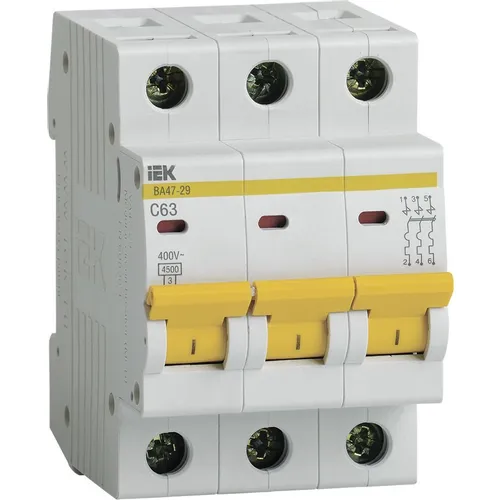 Автоматический выключатель IEK ВА47-29 (MVA20-3-063-C) 63A тип C 4.5кА 3П 400В 3 модуля белый (упак.:1шт)