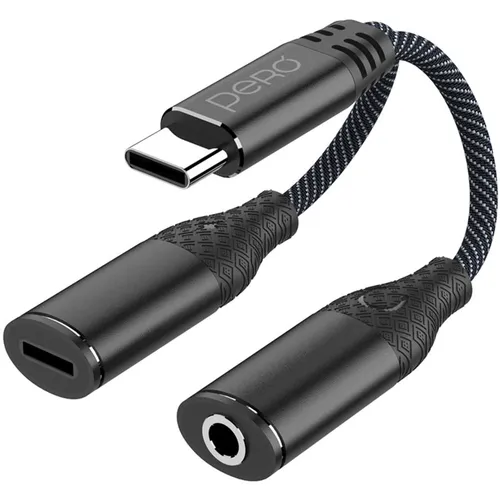 Переходник PERO AD11, USB Type-C (m) - USB Type-C (f)/Jack 3.5 (f), 0.1м, черный