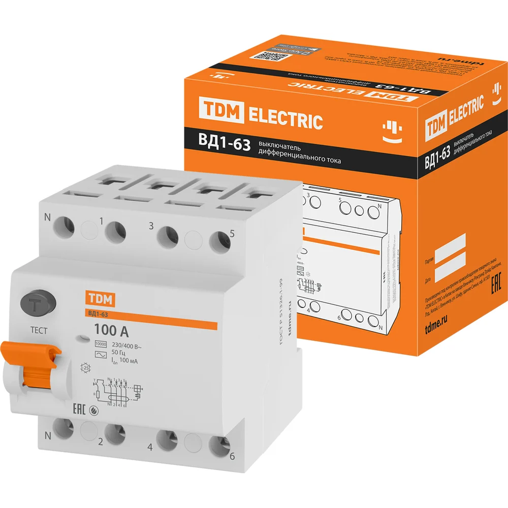 Узо TDM ELECTRIC ВД1-63 4Р, 100 А, 100 мА SQ0203-0048