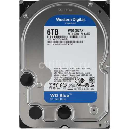 Жесткий диск WD Blue WD60EZAX, 6ТБ, HDD, SATA III, 3.5"