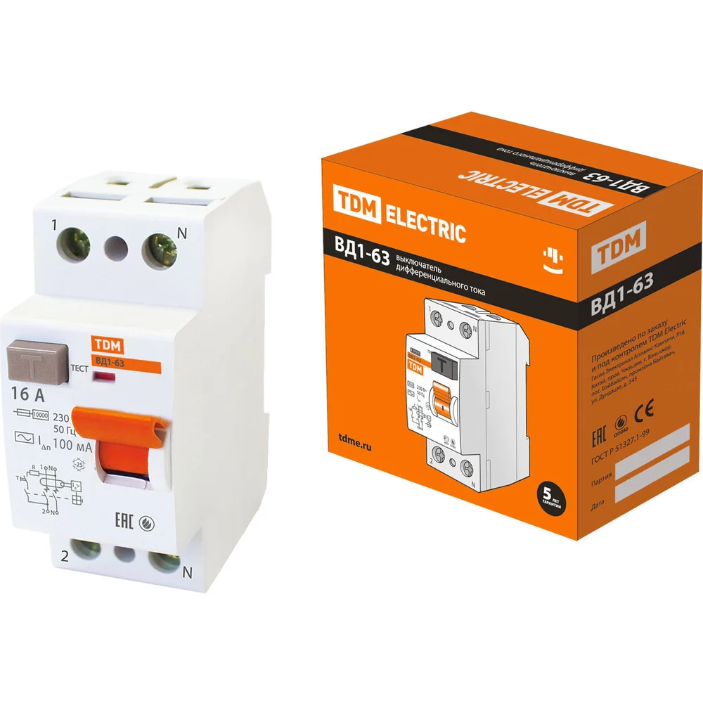Узо TDM ELECTRIC ВД1-63 2п, 16 А, 100 мА SQ0203-0001